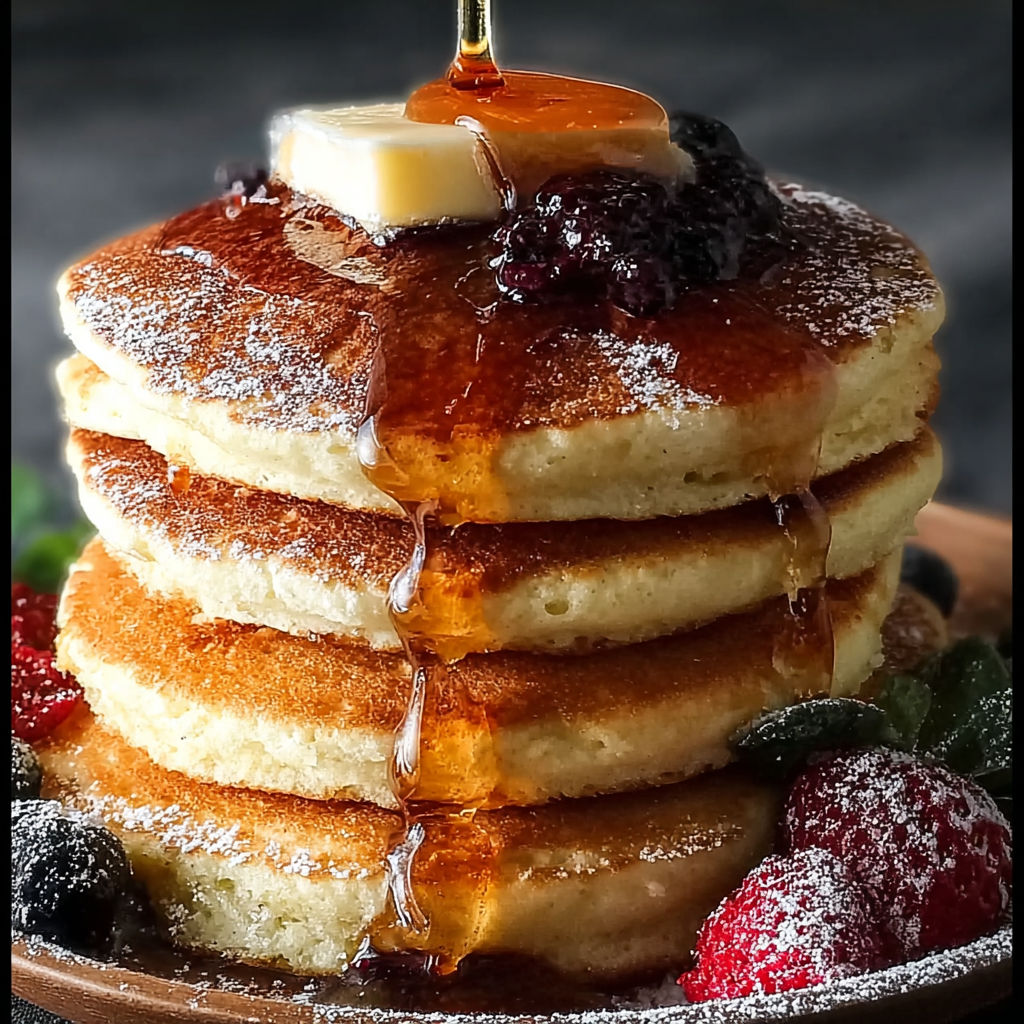 Fluffy pancakes with syrup and fruit.