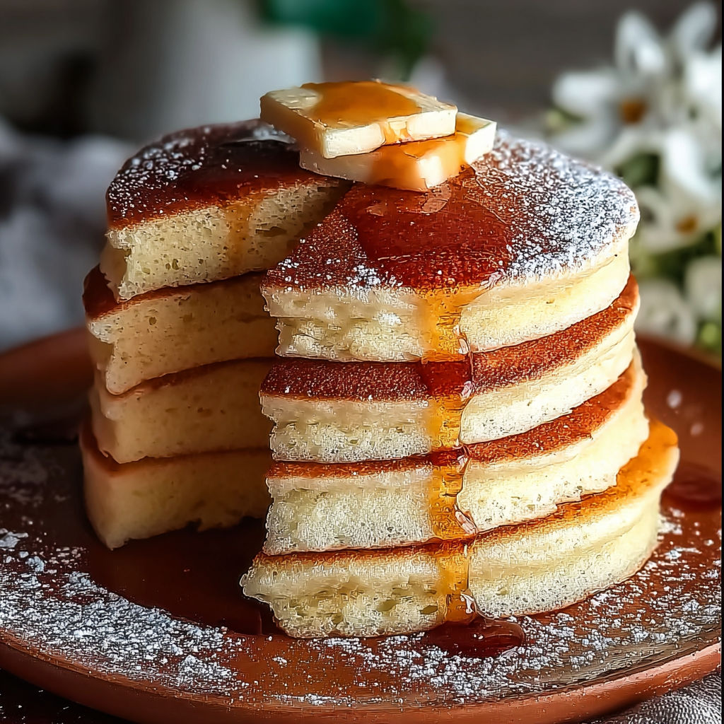 A stack of pancakes with syrup on top.