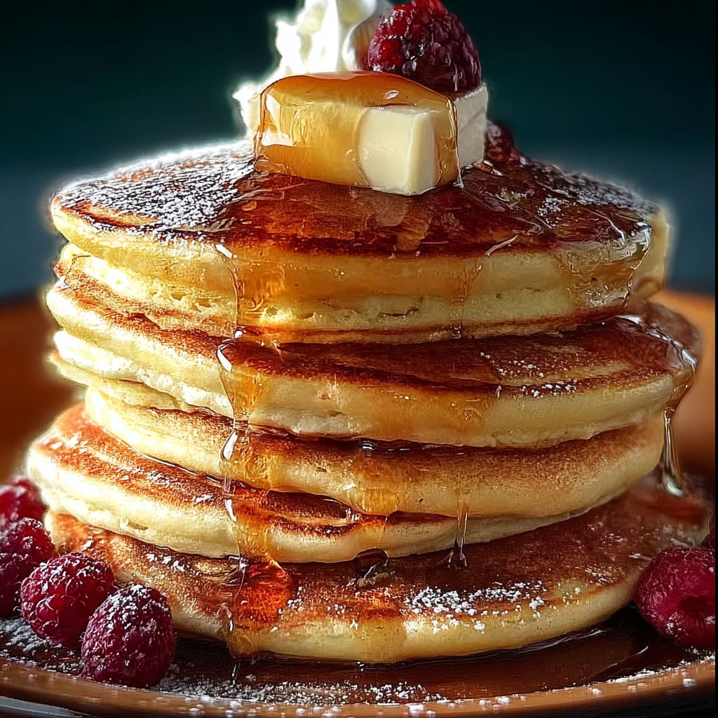 A stack of pancakes with syrup and whipped cream.