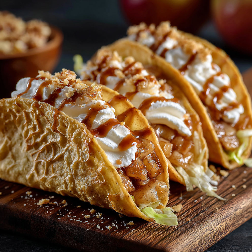 A plate of apple pie tacos with whipped cream on top.