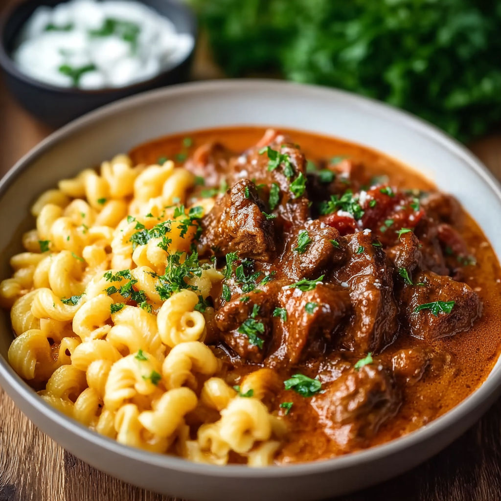 A bowl of creamy German goulash with noodles and meat.