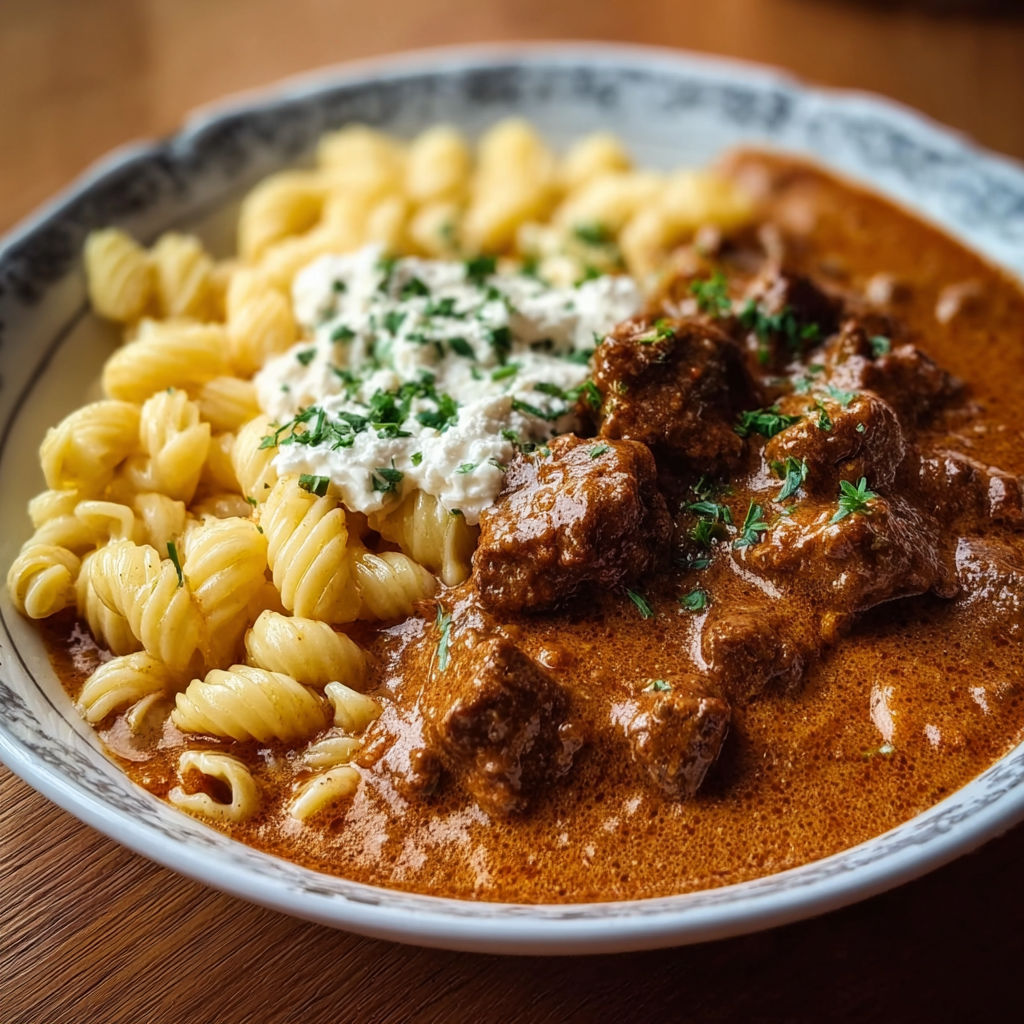 A plate of creamy German goulash with pasta and meat.