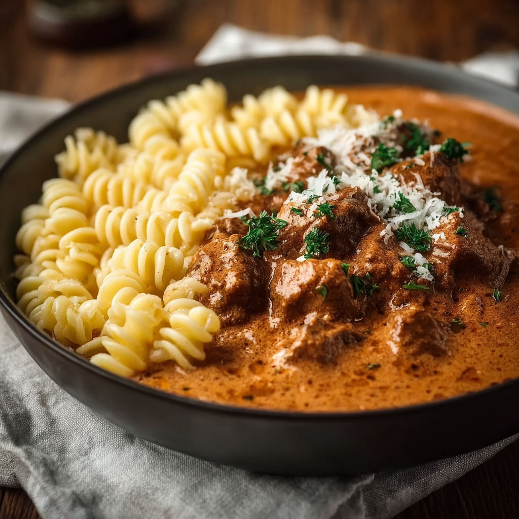 A bowl of creamy German goulash with noodles and meat.