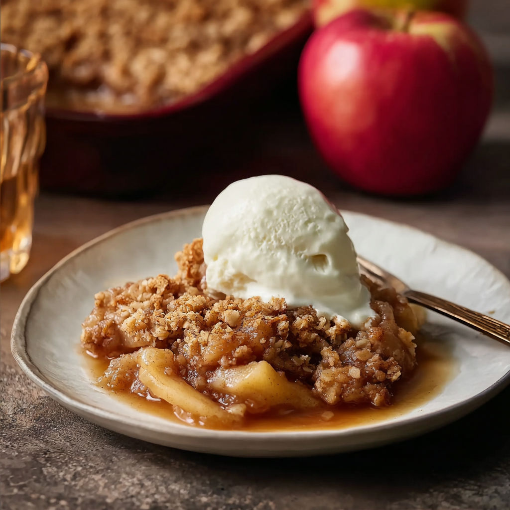 A plate of dessert with a scoop of ice cream on top.