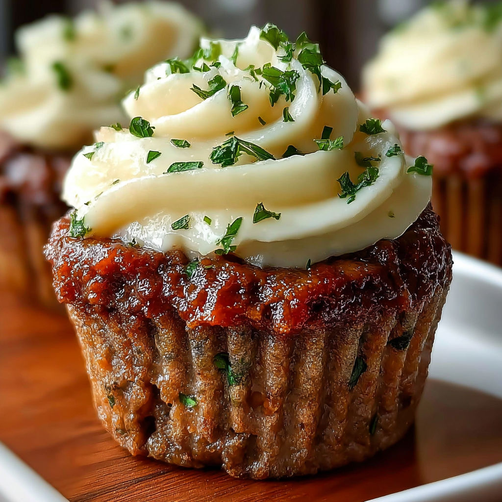 A cupcake with meatloaf and potato frosting.