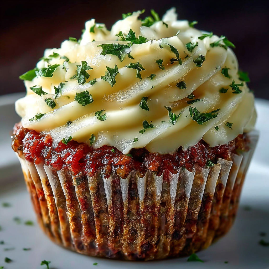 A cupcake with meatloaf and potato frosting.