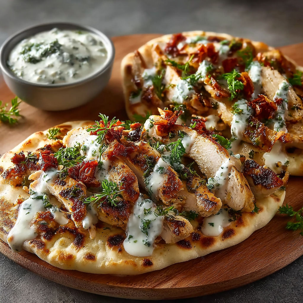 A Greek chicken gyro with sauce and herbs.