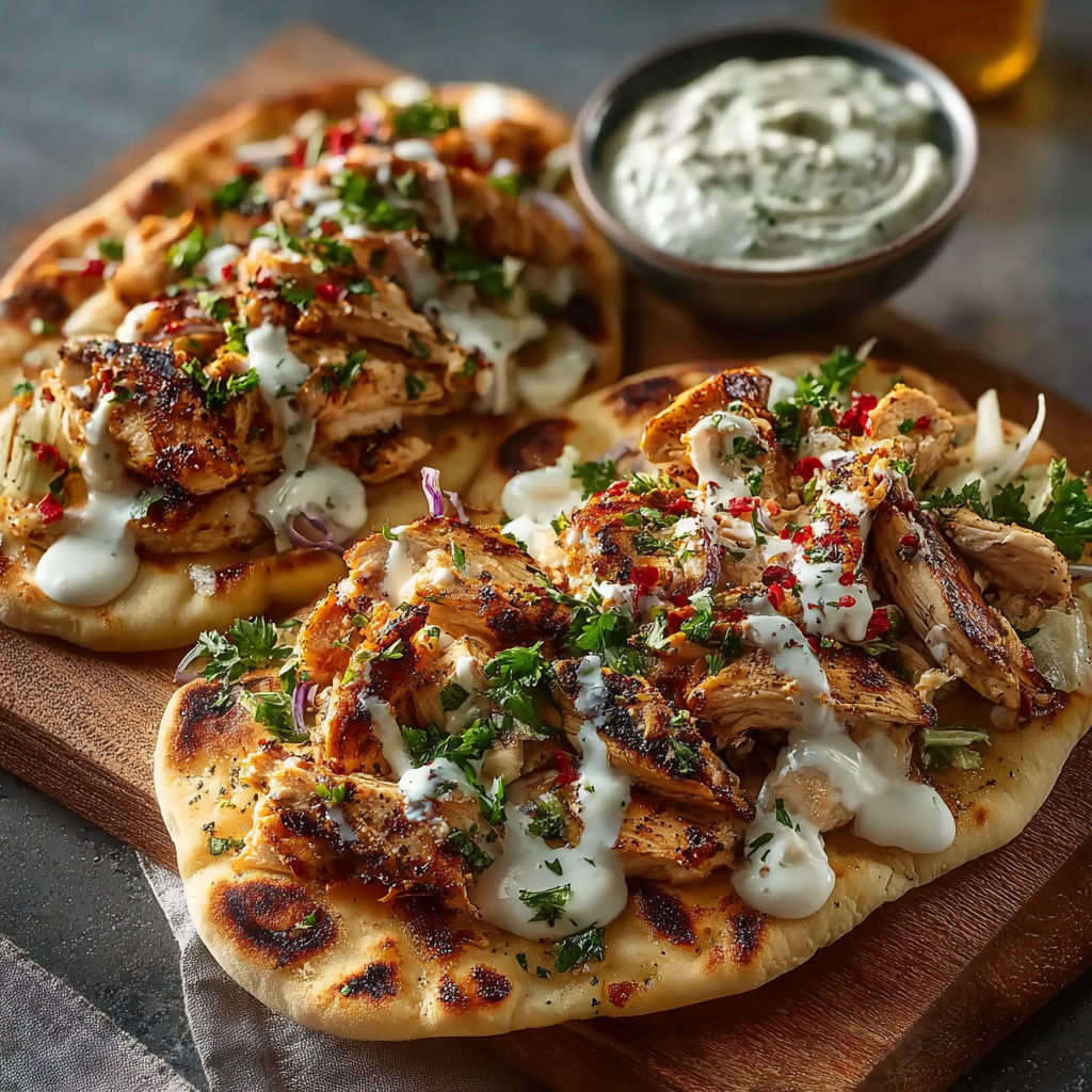A plate of chicken gyros with sauce and garnish.
