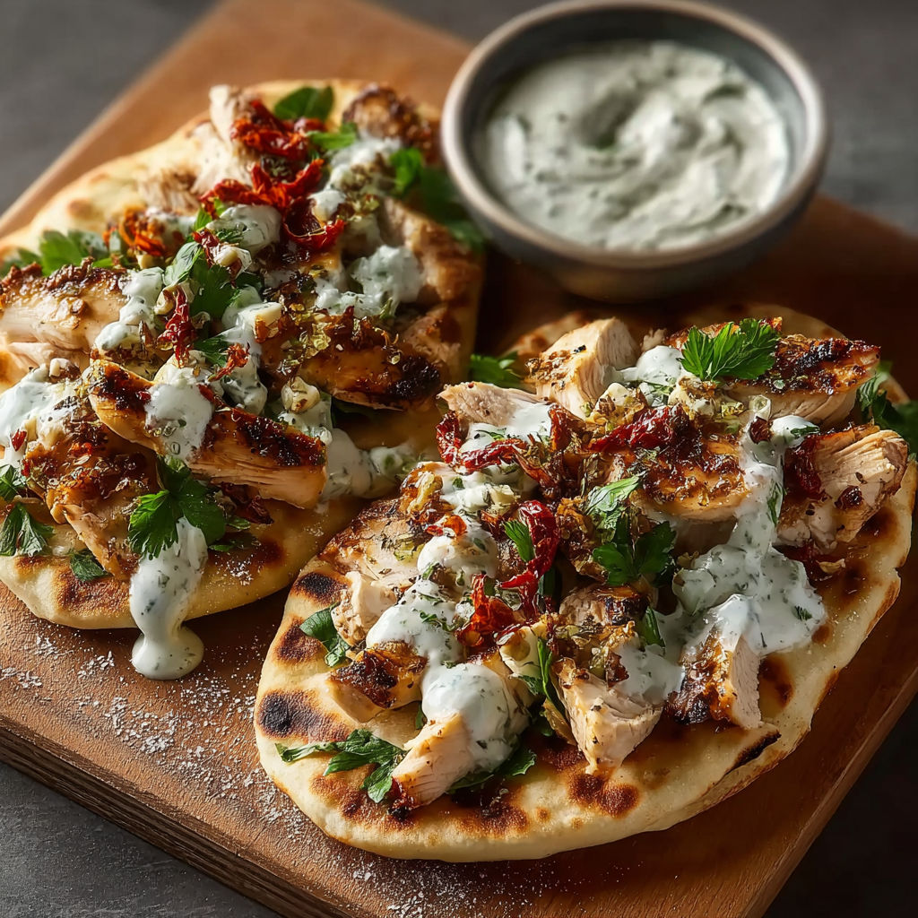 A plate of chicken gyros with sauce.