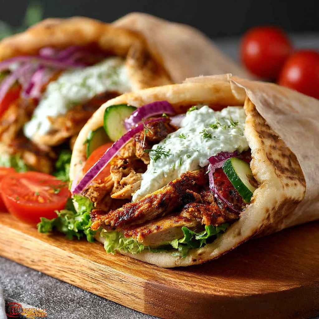 A gyro sandwich with chicken and tomatoes.