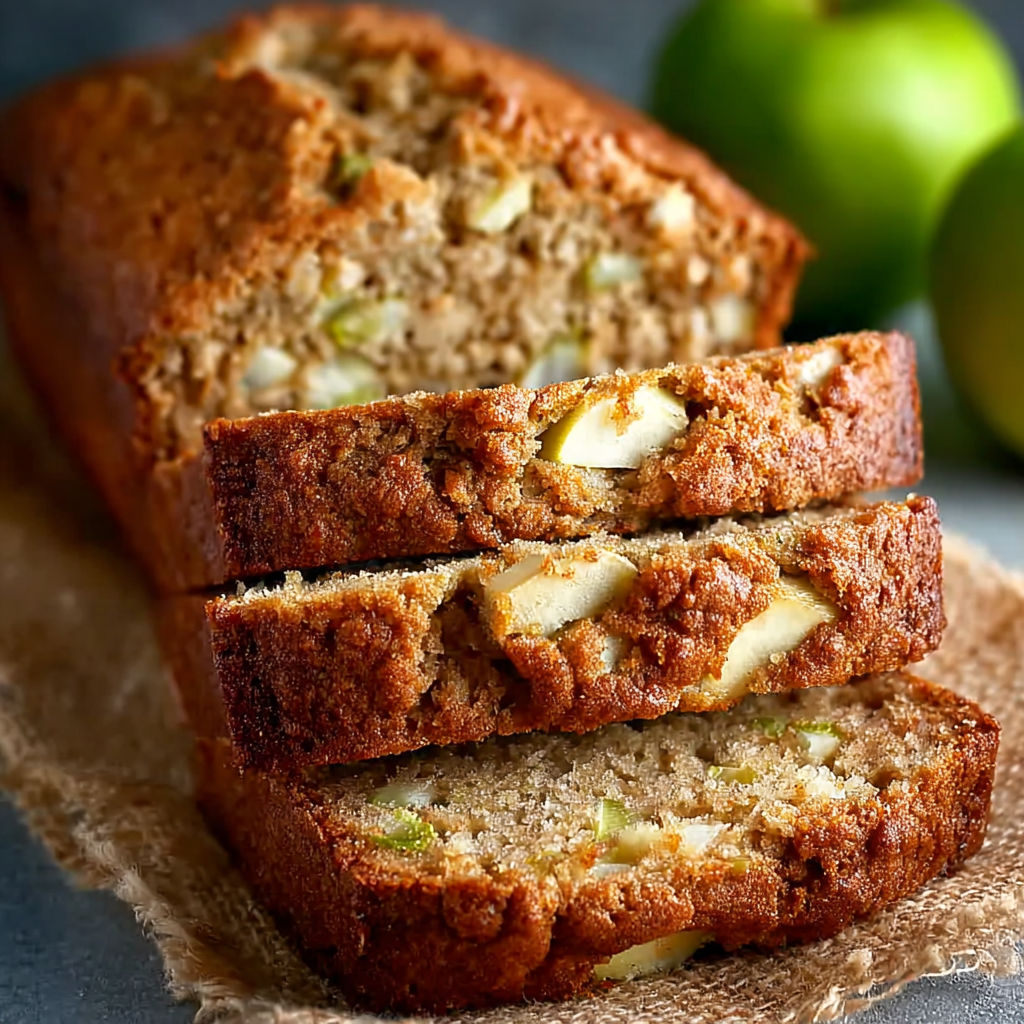 A slice of bread with a green apple on top.