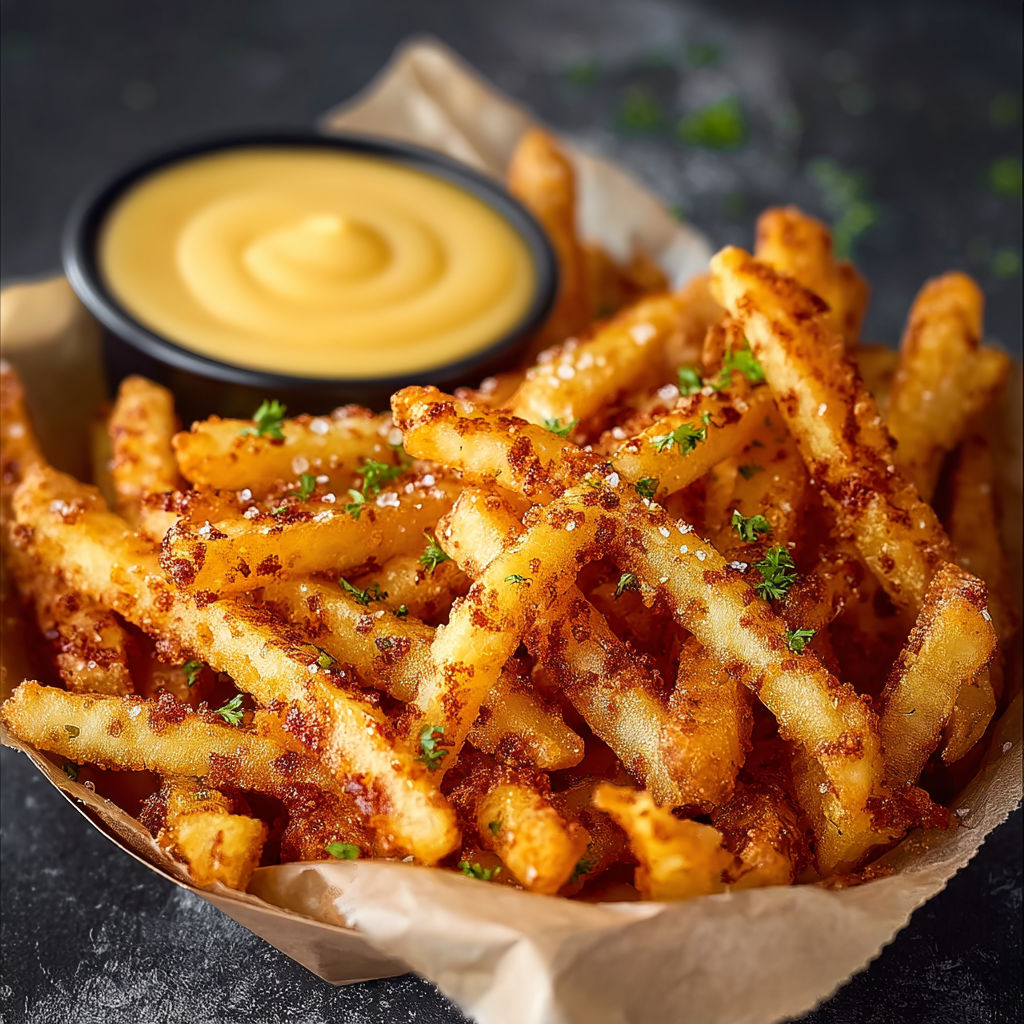 A basket of fries with a dipping sauce.