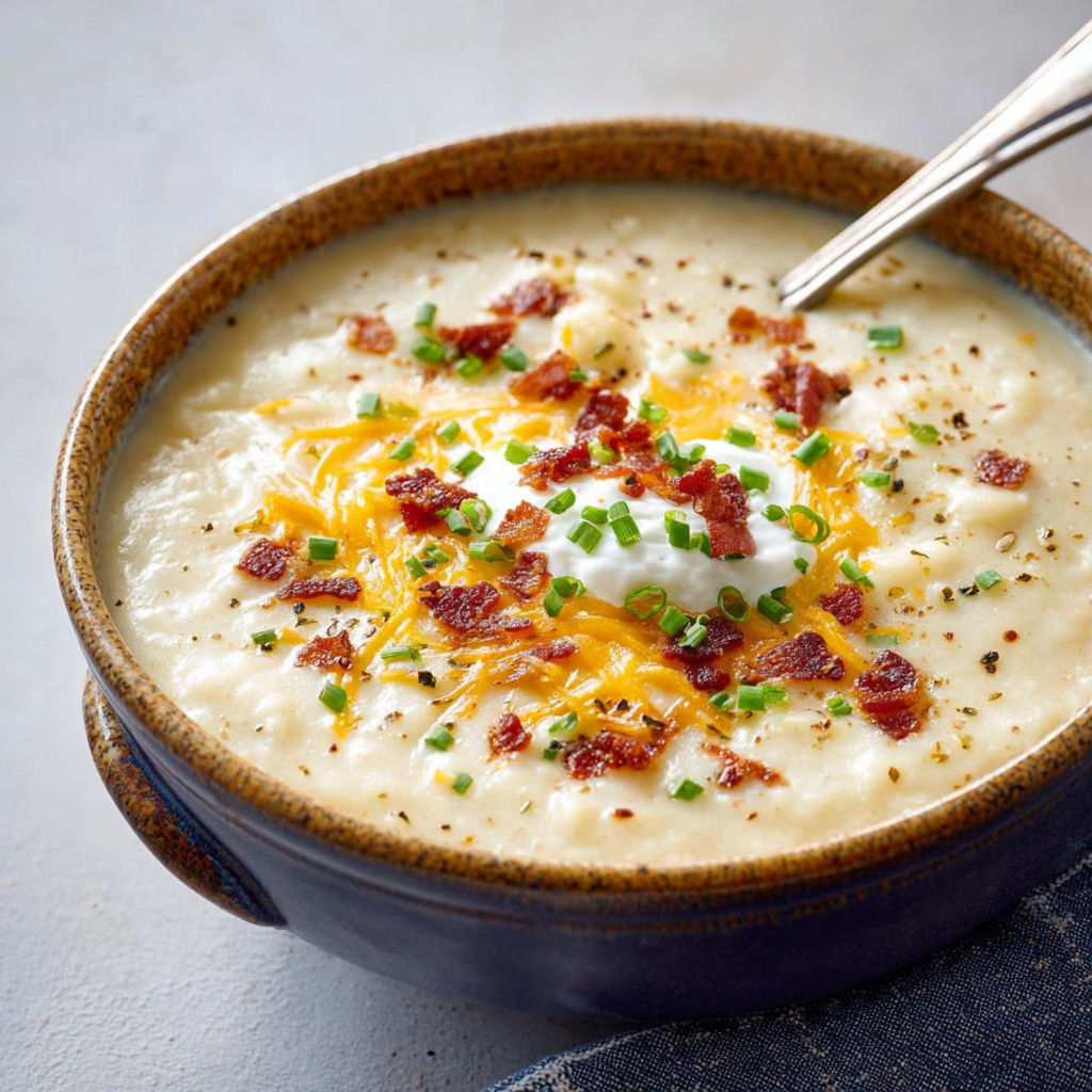 A bowl of soup with bacon and cheese.