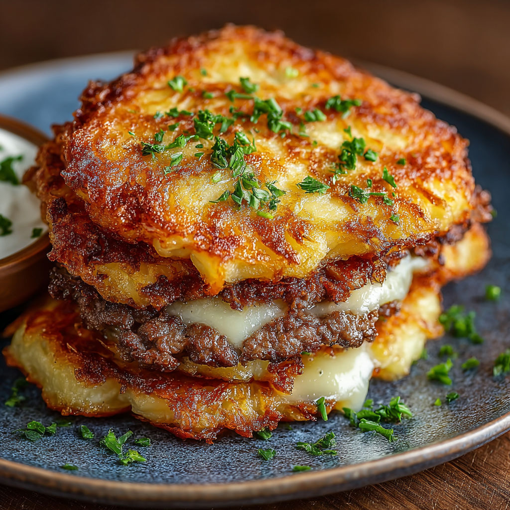 A stack of potato pancakes with savory beef and cheese.