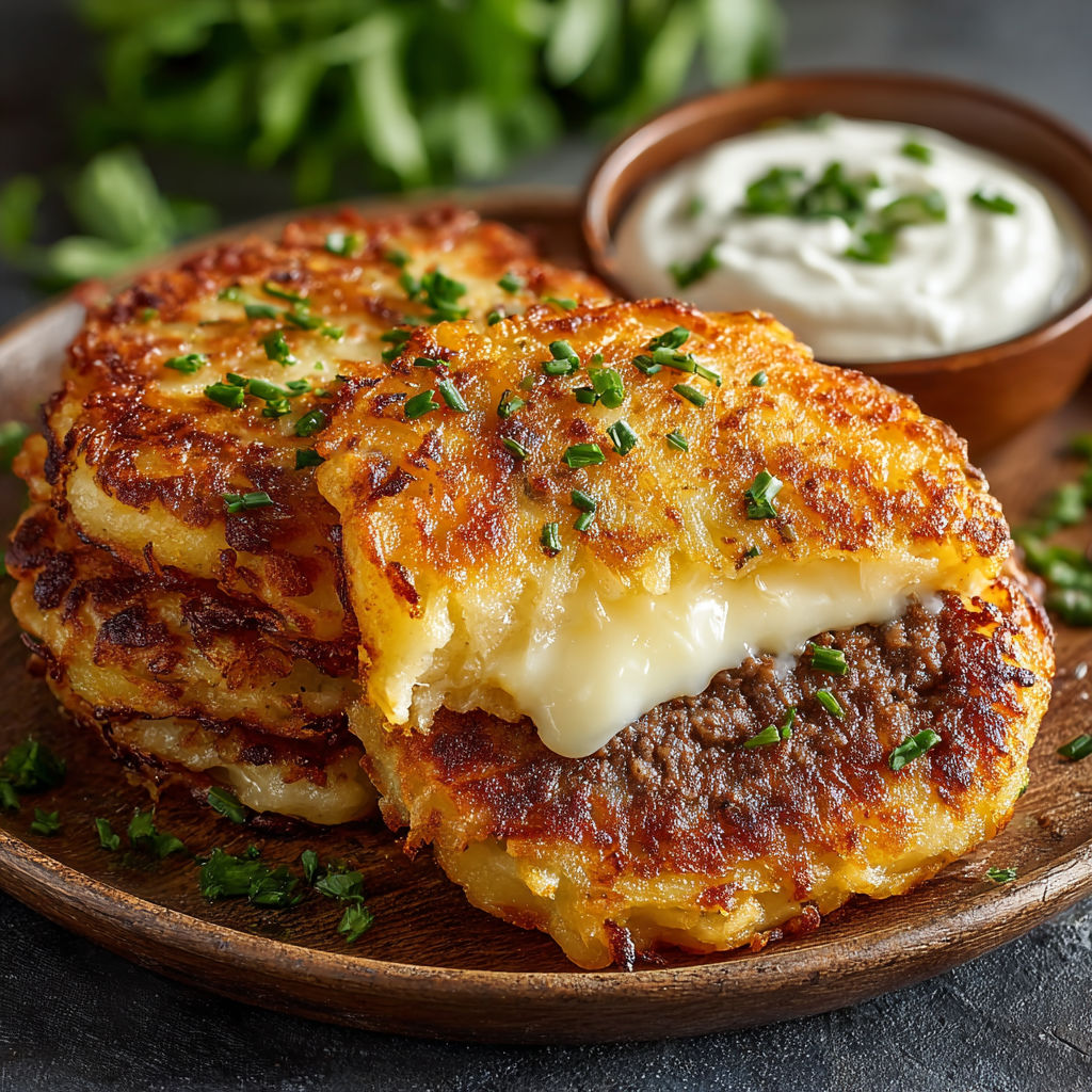 Two potato pancakes with savory beef and cheese.