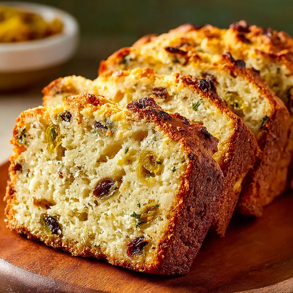 A loaf of cheese and olive bread.