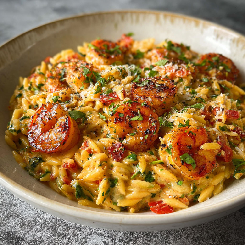 A bowl of Cajun Shrimp Pasta with Orzo.