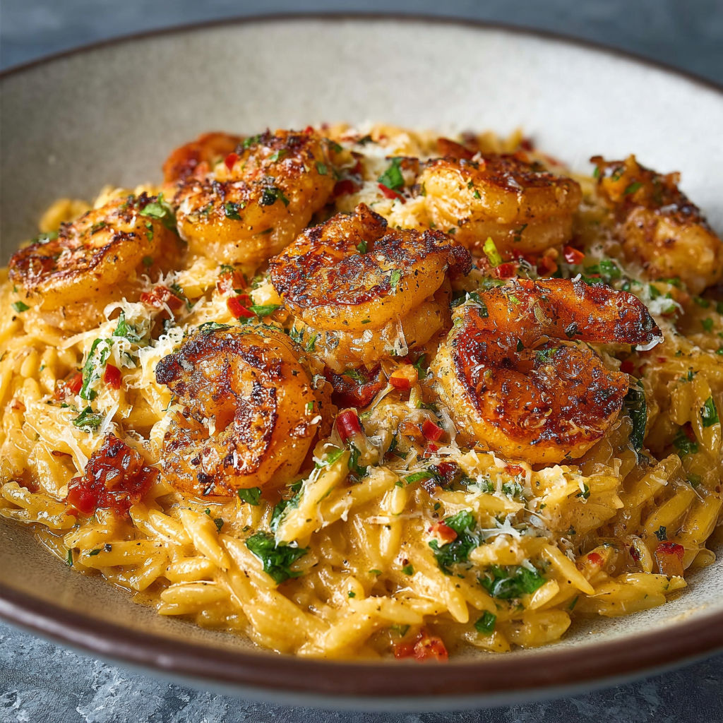 A bowl of shrimp and pasta.