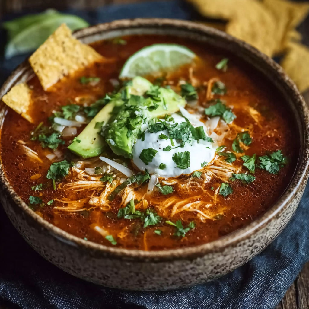 A bowl of chicken tortilla soup with a slice of avocado on top.