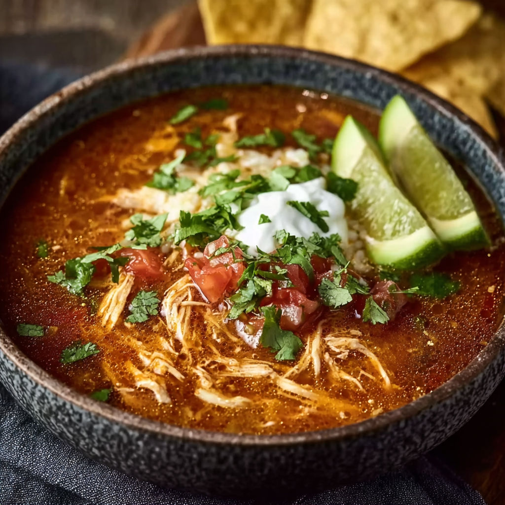 A bowl of soup with chicken, tomatoes, avocado, and lime.