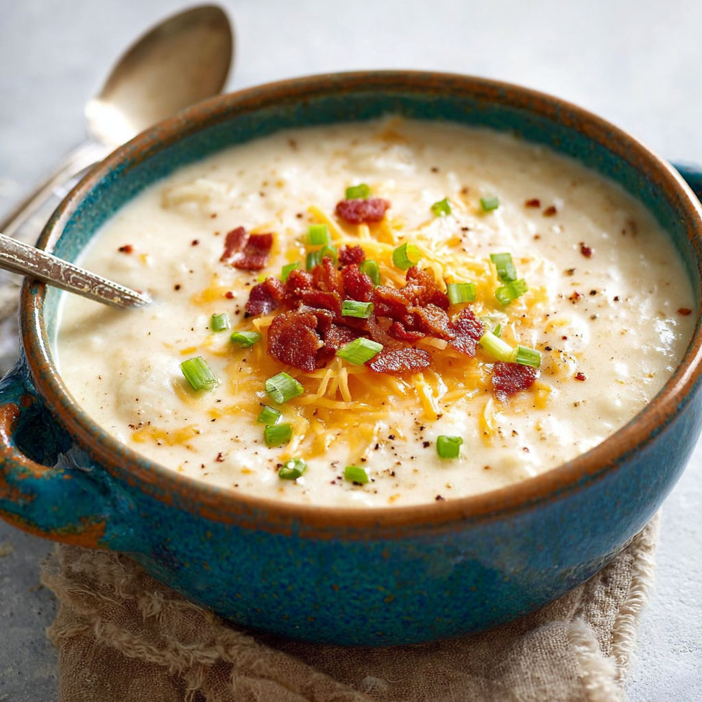A bowl of soup with bacon and cheese.