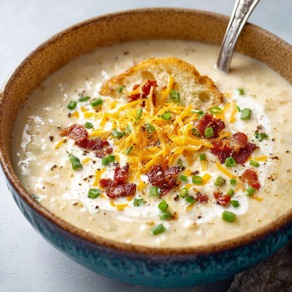 A bowl of soup with a spoon in it.