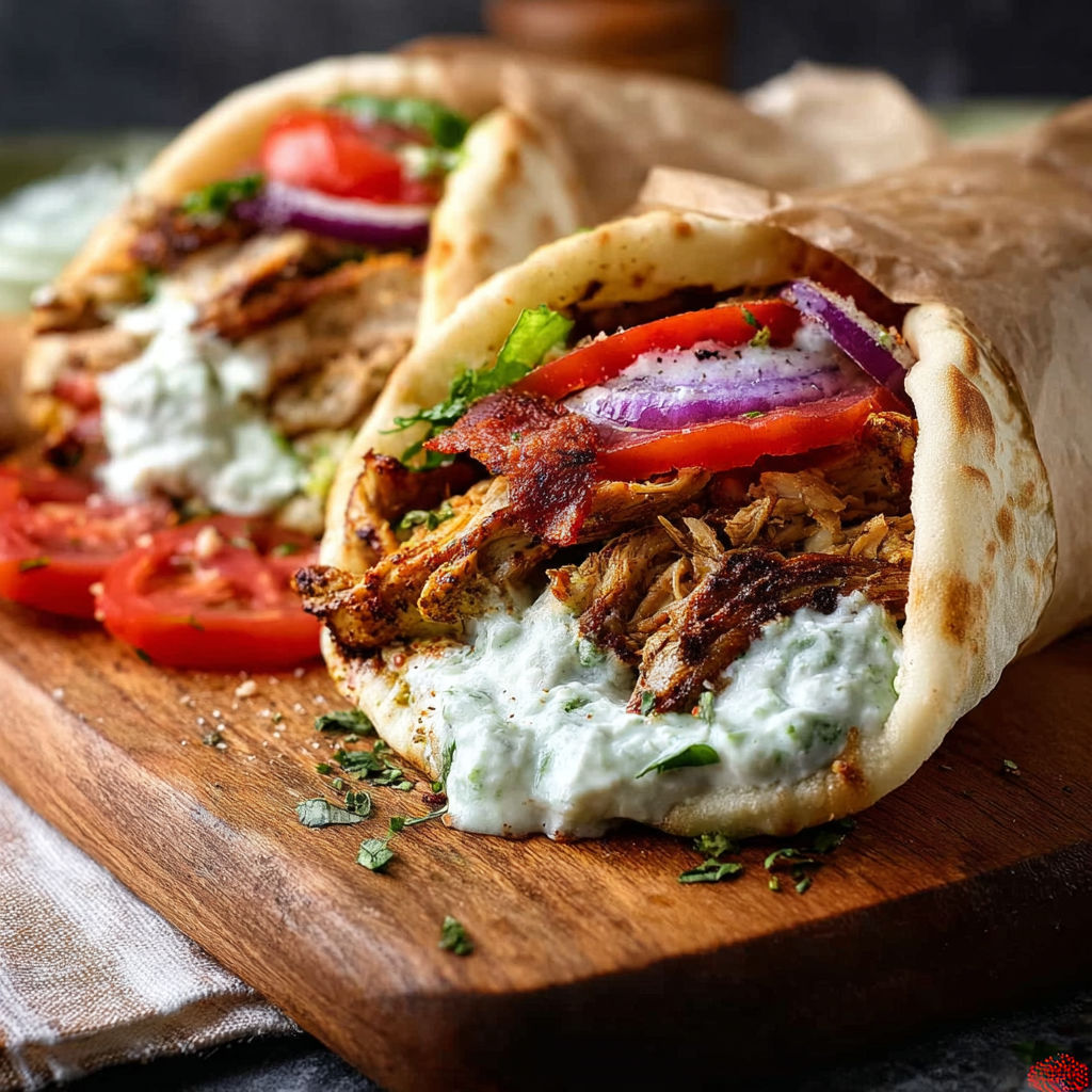 A gyro with chicken and tomatoes.