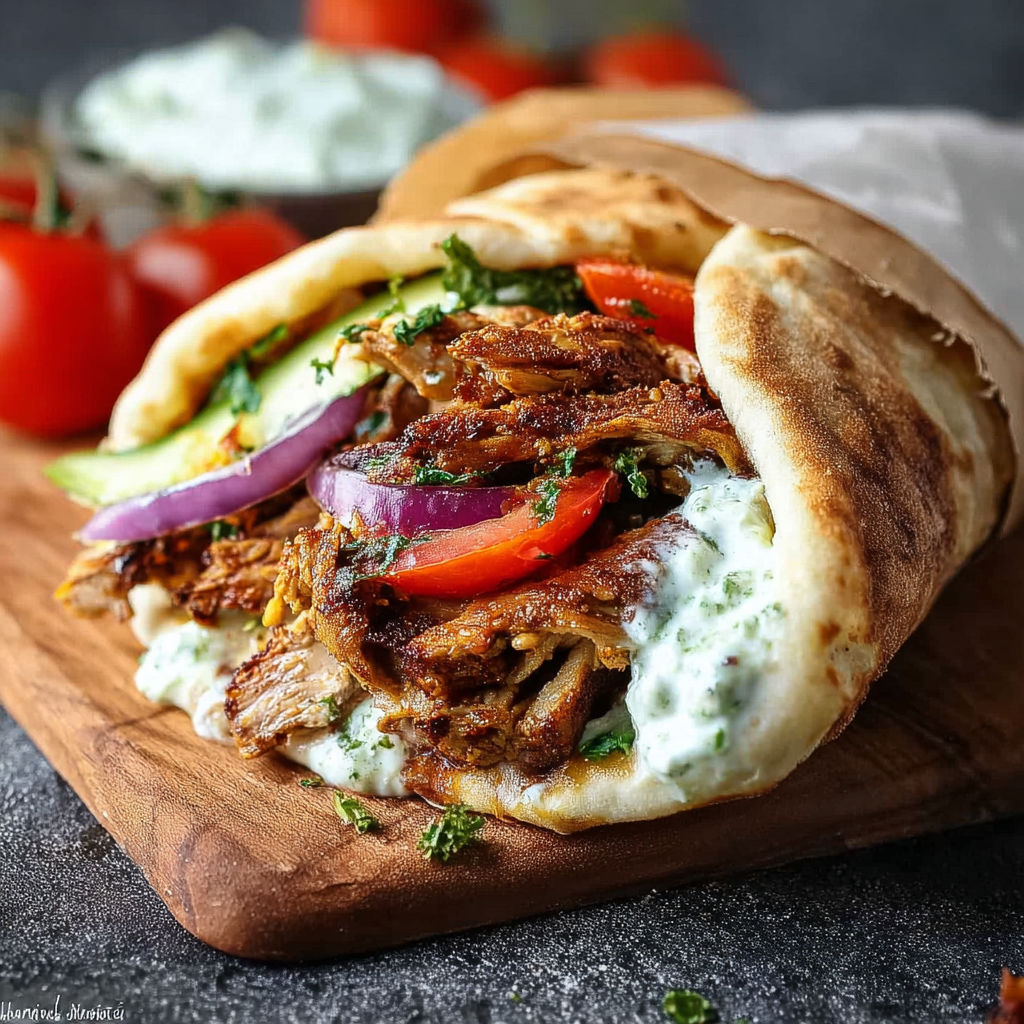 A gyro sandwich with meat, tomatoes, onions, and sauce.