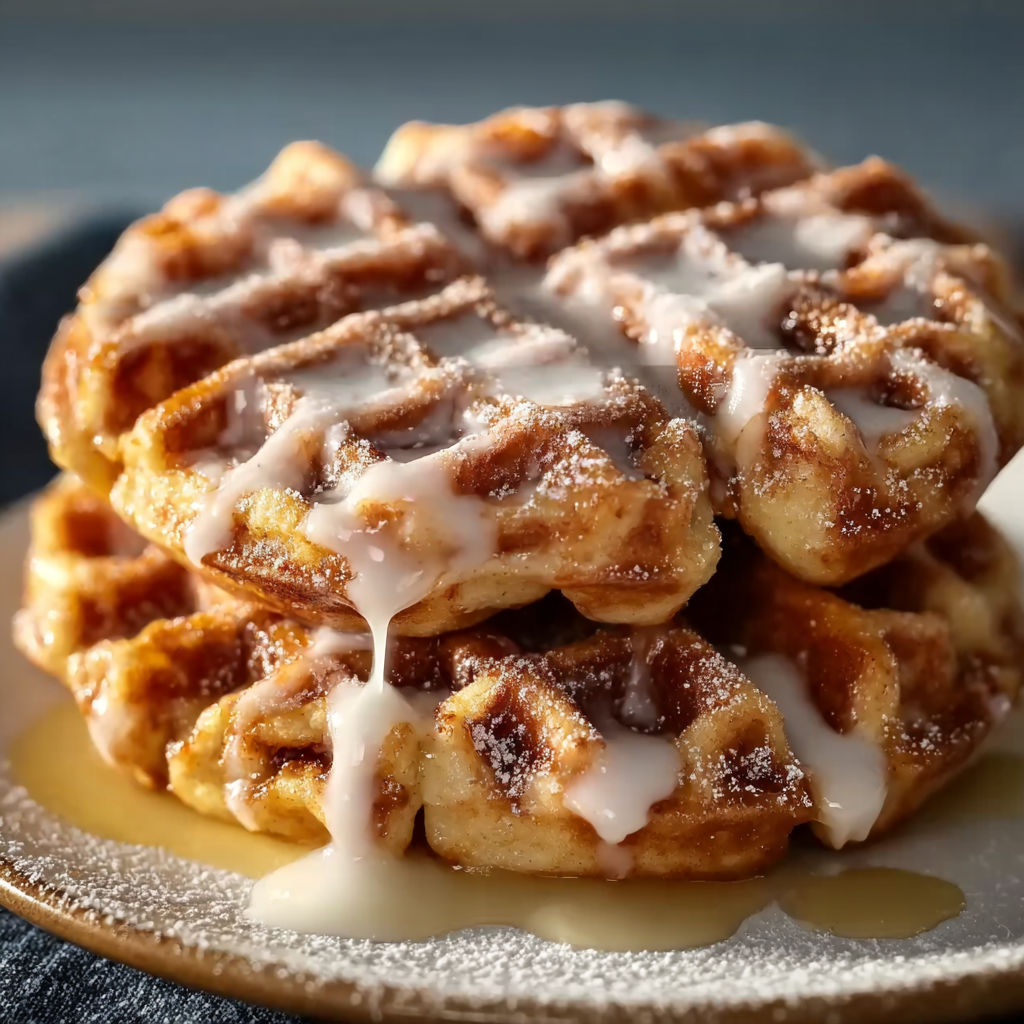 A stack of waffle donuts with powdered sugar.