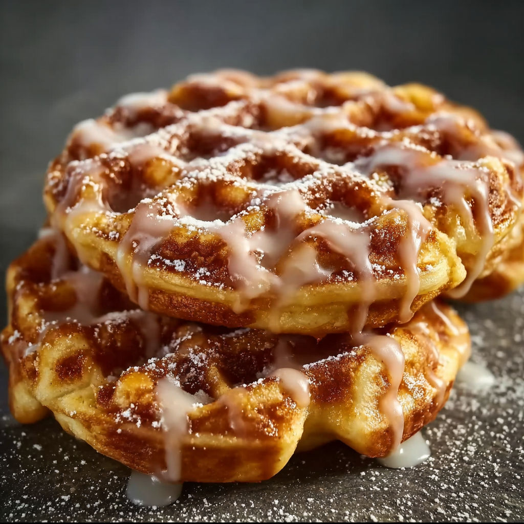A stack of waffles with powdered sugar on top.