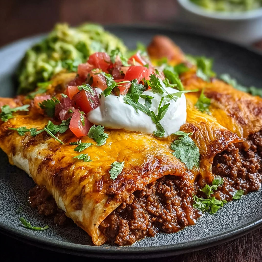 A plate of food with a burrito and sour cream.