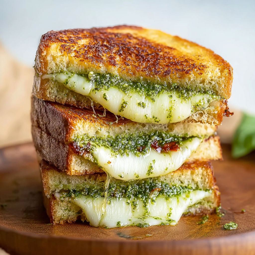 A stack of grilled cheese sandwiches with pesto.
