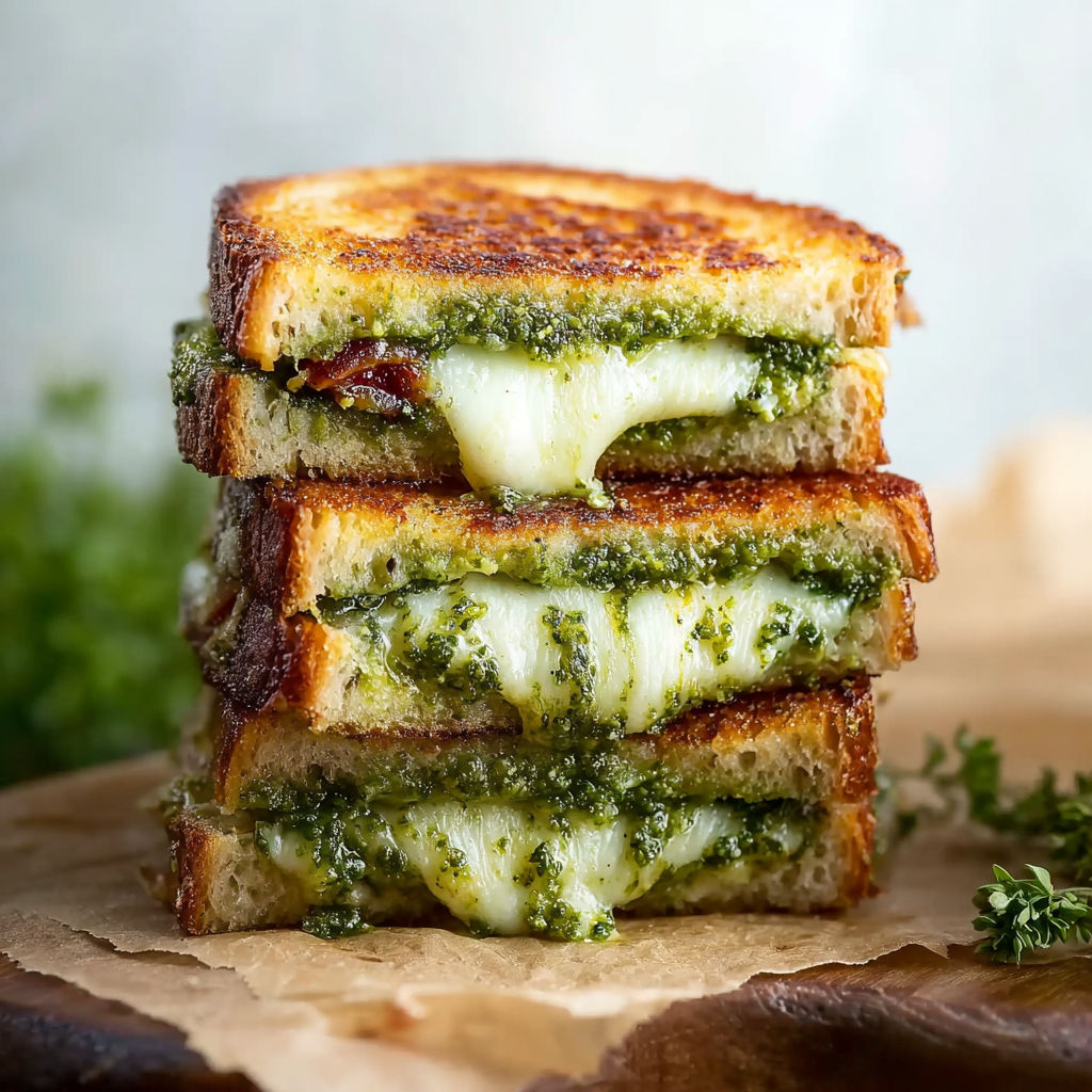 A stack of three sourdough pesto grilled cheese sandwiches.