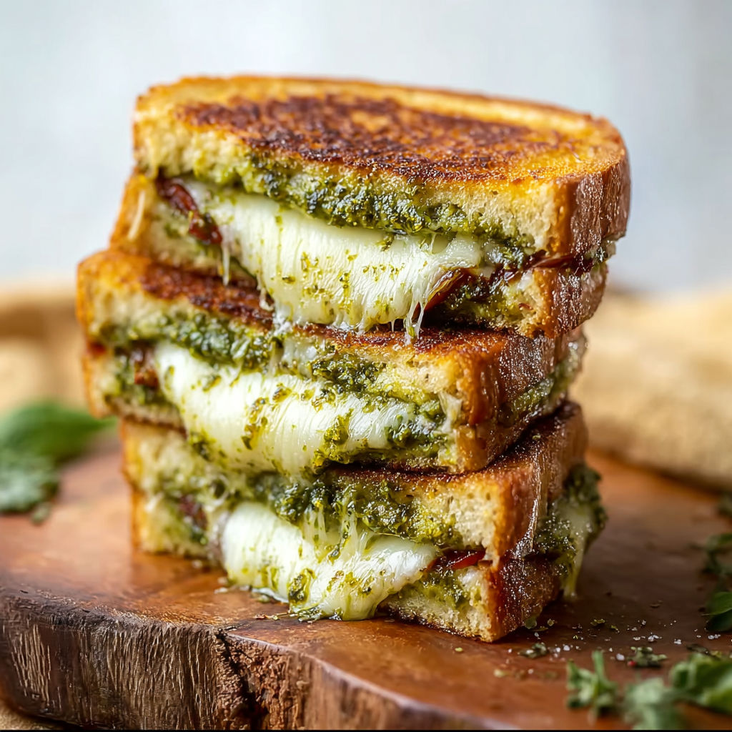 A stack of grilled cheese sandwiches with pesto.