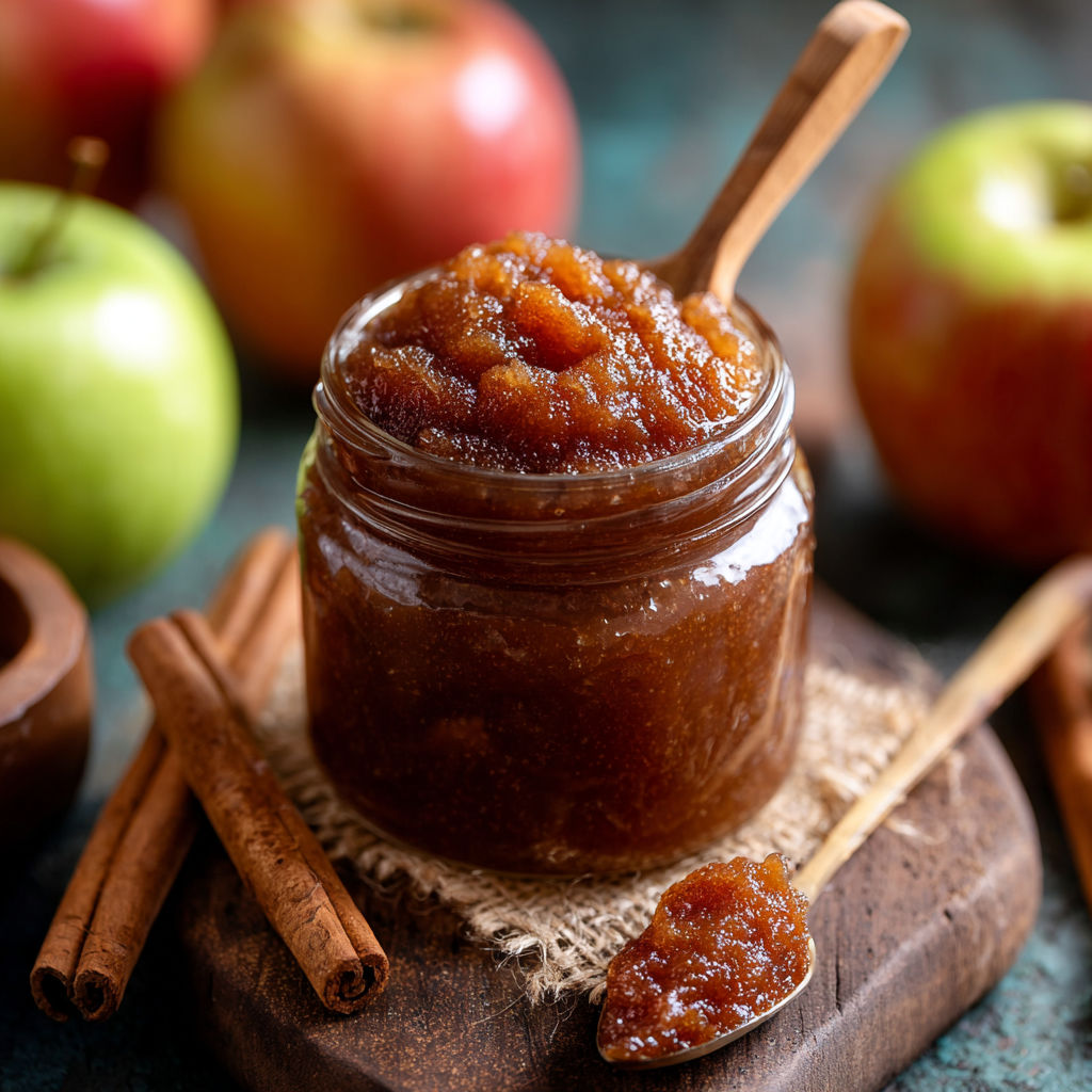 A jar of fruit preserves with a wooden spoon in it.