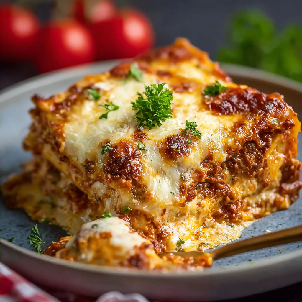 A plate of lasagna with tomatoes and cheese.