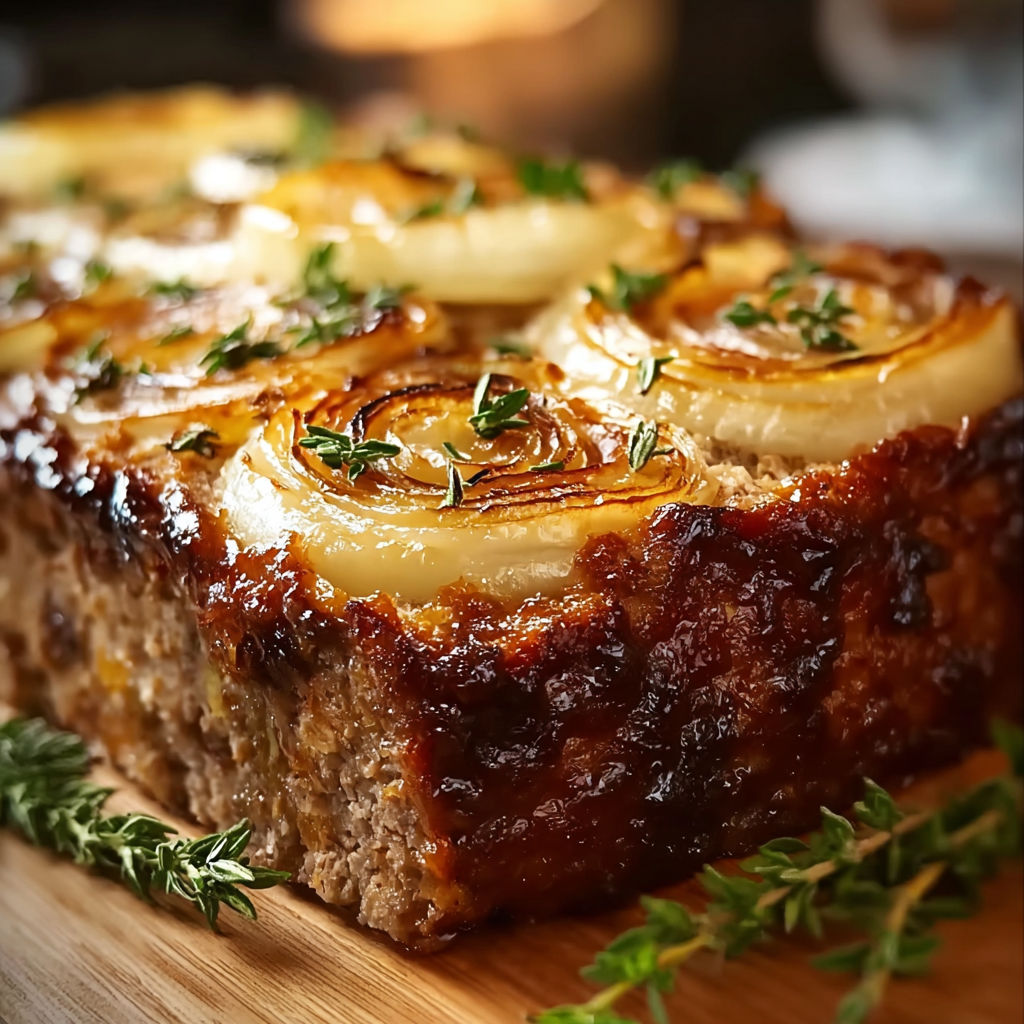 A slice of meat with onions and herbs on top.