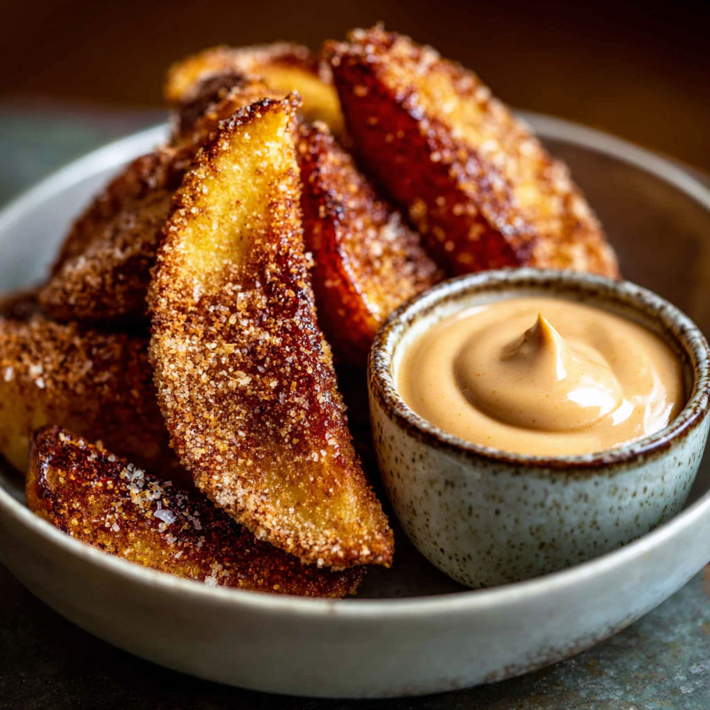 A bowl of air fried apple wedges with caramel.