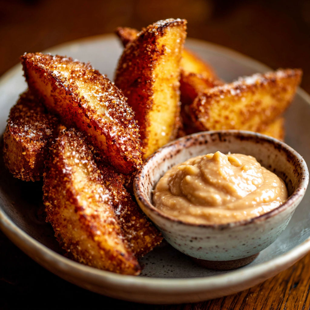 A plate of air fried apple wedges with caramel.