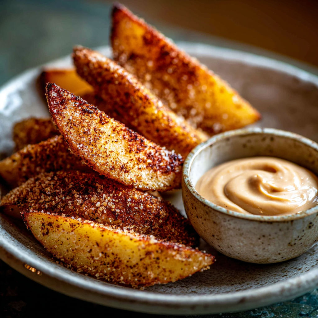 Air fried apple wedges with caramel sauce.