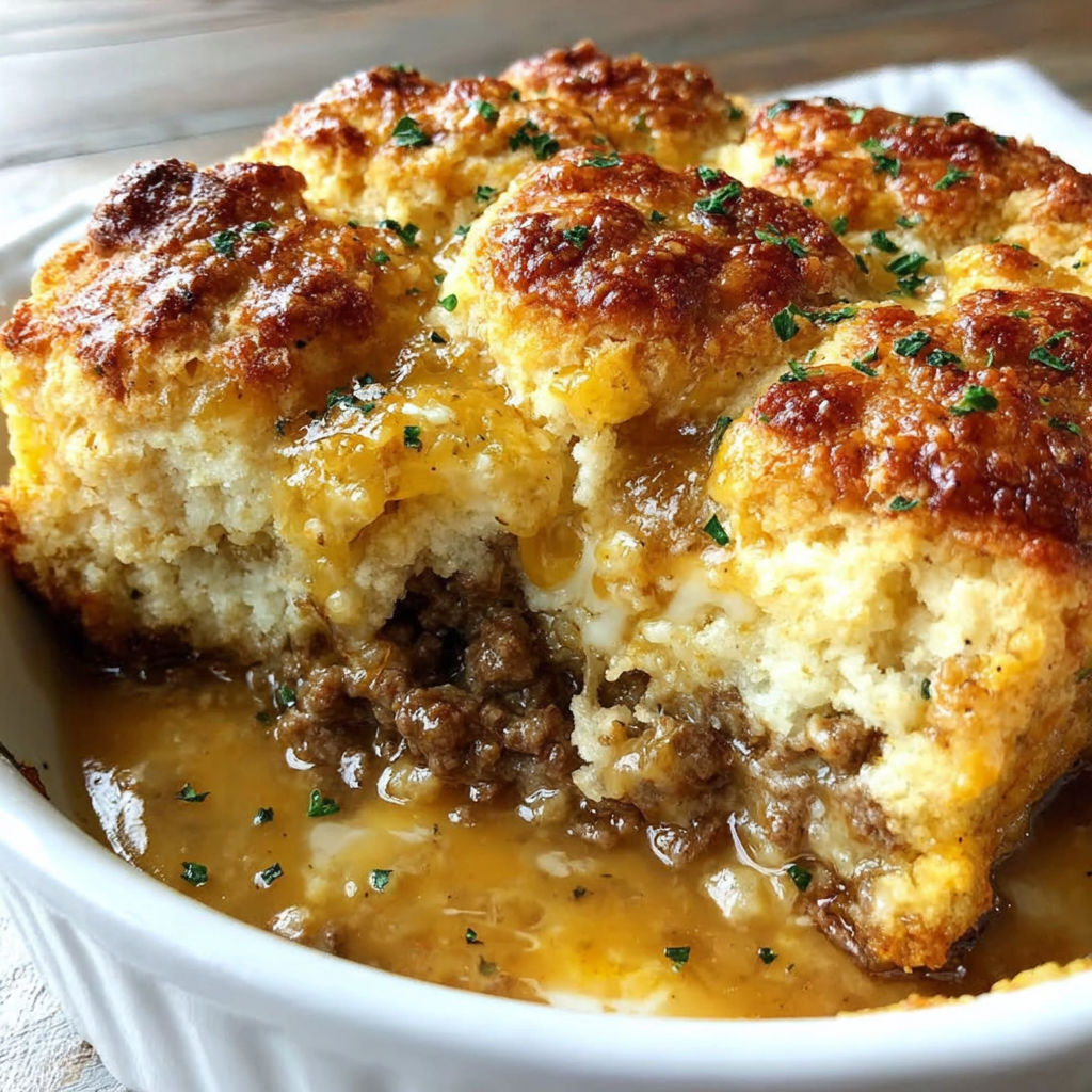 A bowl of cheddar bay ground beef cobbler.
