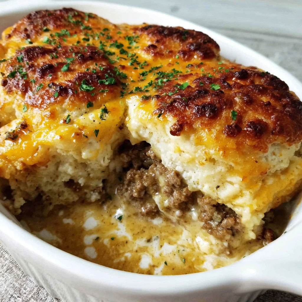 A bowl of cheddar bay ground beef cobbler.