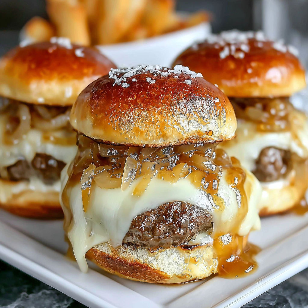 Two burgers with onions and cheese on a plate.