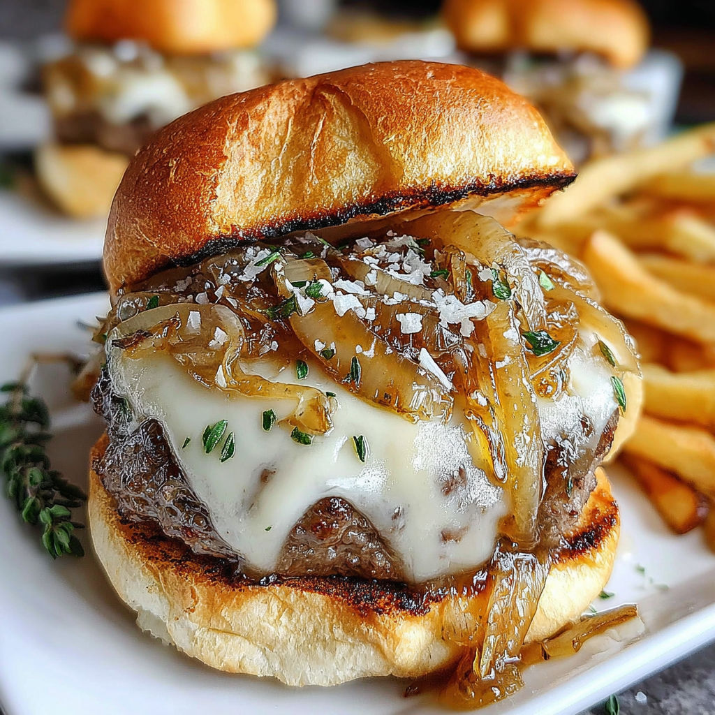 A close up of a burger with onions and cheese.