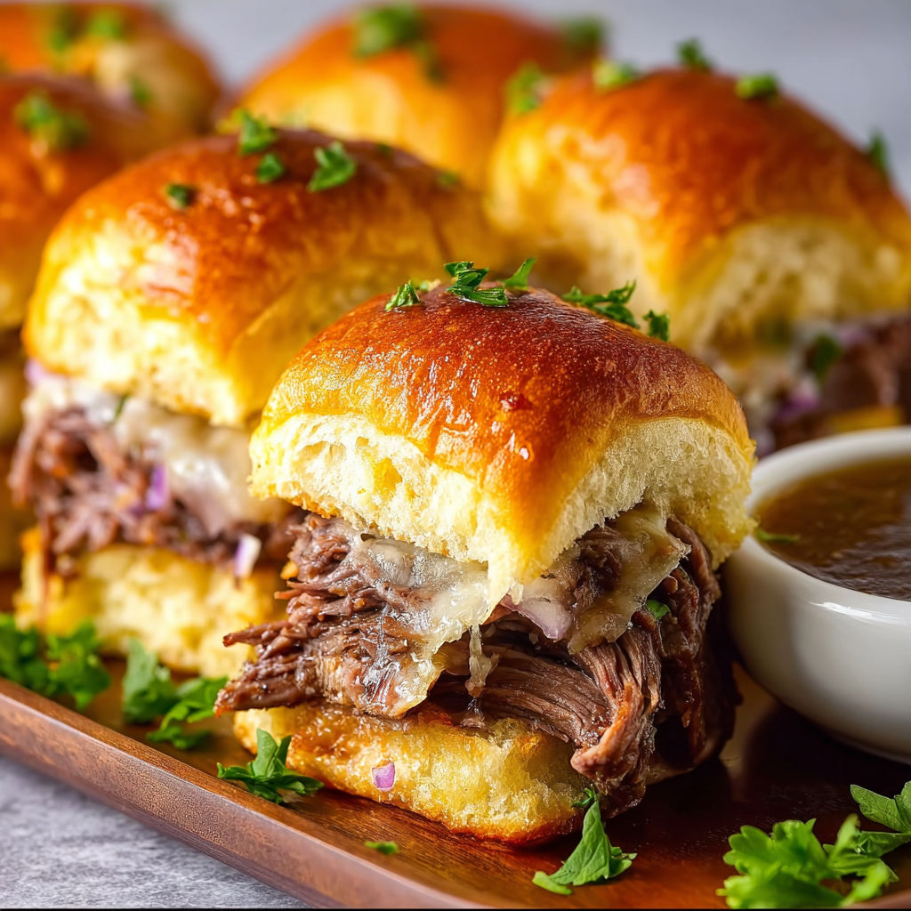 French dip sliders with sauce.