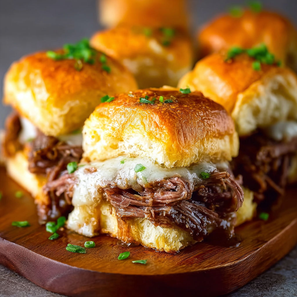 A plate of sandwiches with meat and cheese.