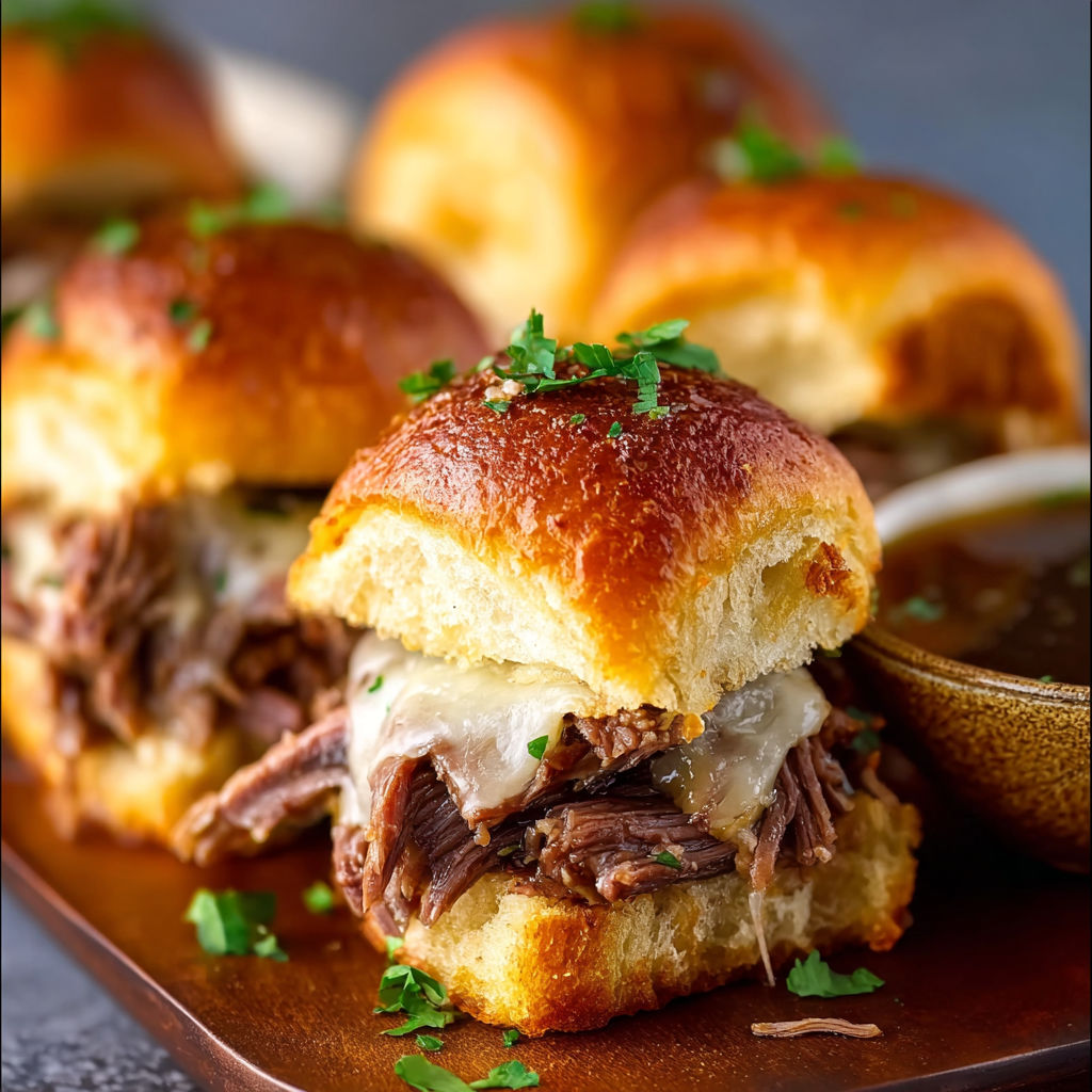 A plate of sandwiches with meat and cheese.