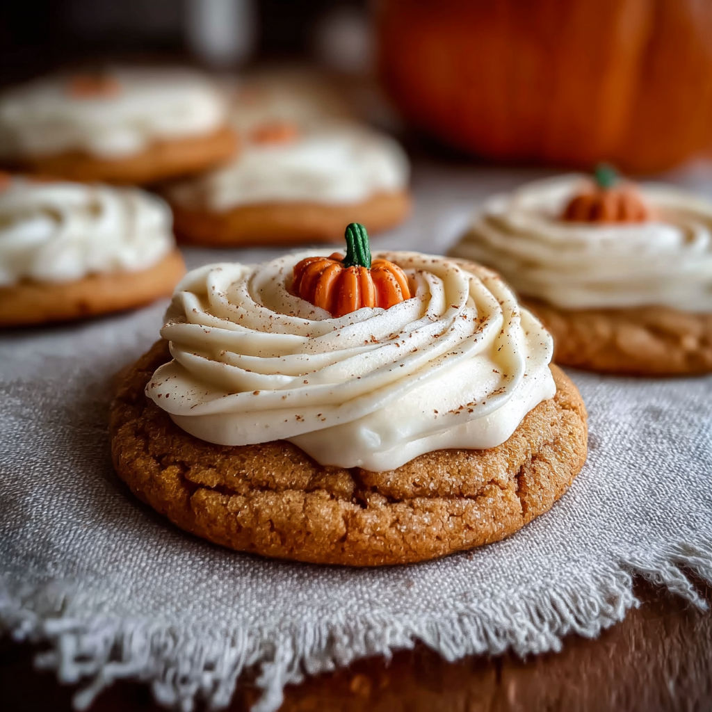 A pumpkin spice cookie with white frosting.