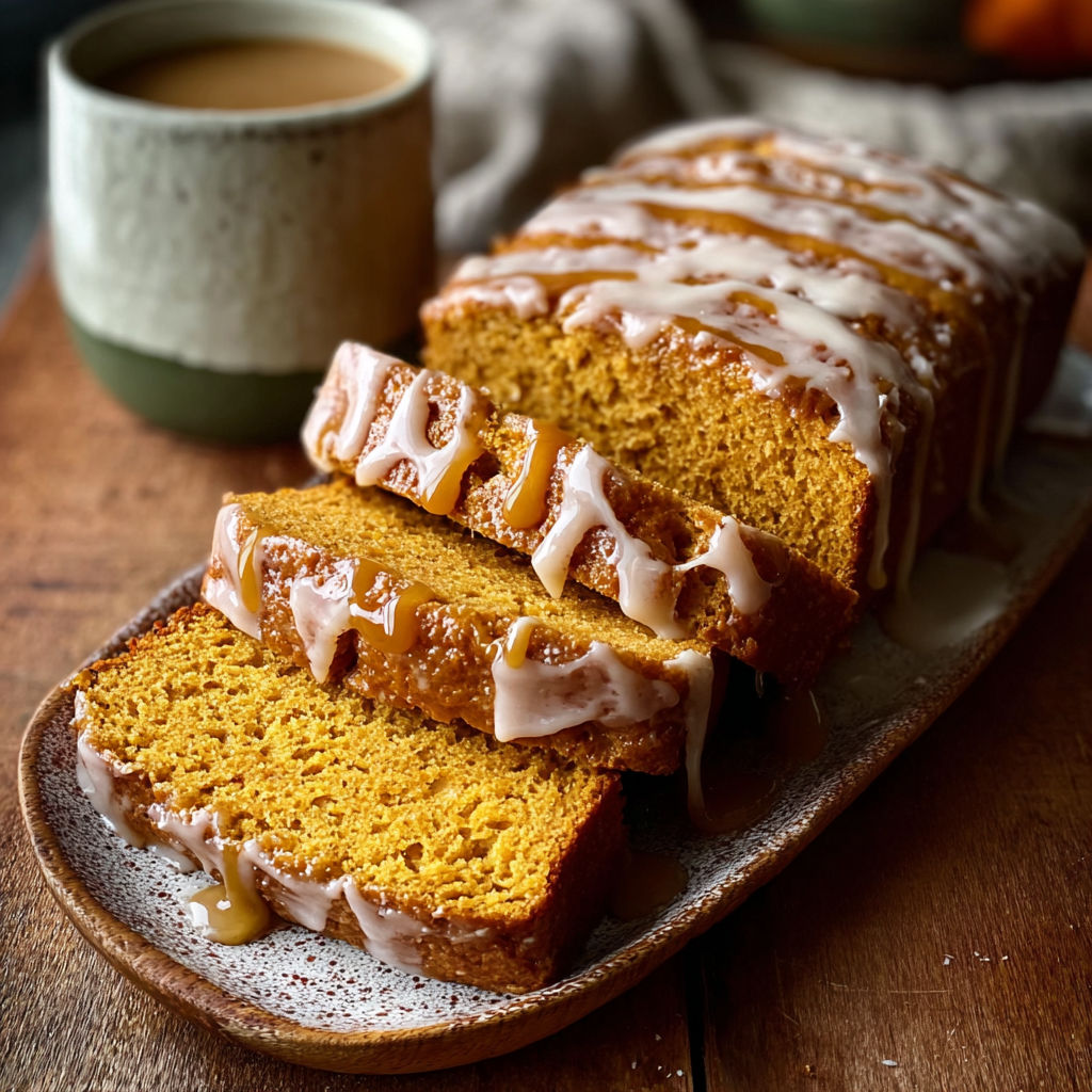 A slice of pumpkin bread with a glaze.