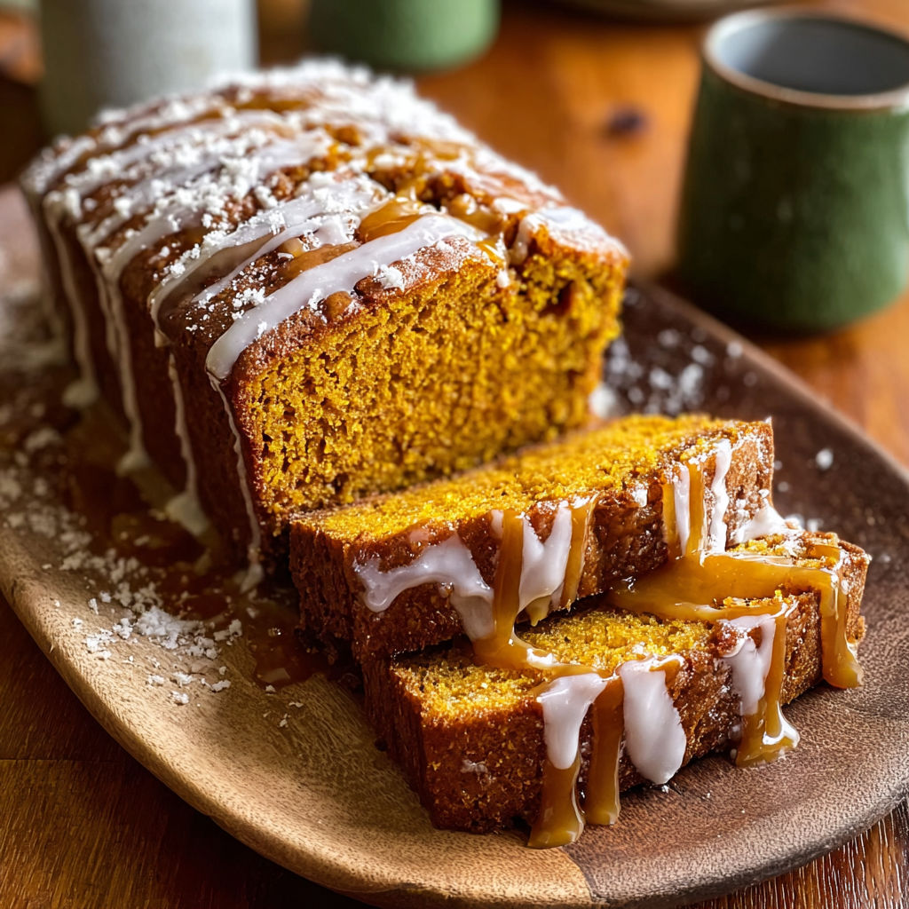 A slice of orange bread with icing.